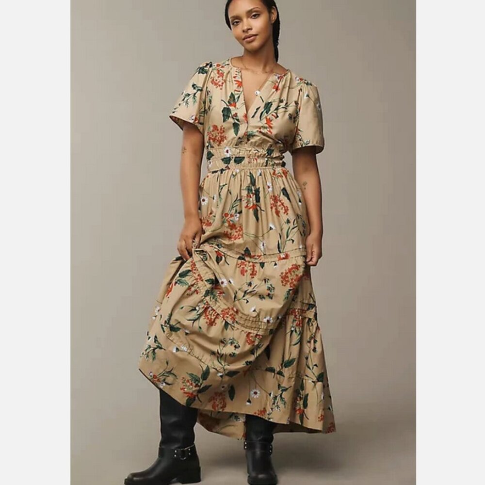 Anthropologie The Somerset Maxi Dress Cotton Tiered Khaki Floral XL NWT